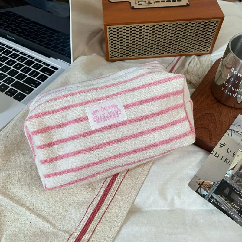 INS Simplicity Korean Fashion Pencil Case Student Pink Blue Color Striped Makeup Case Portable Large Capacity Stationery Bag