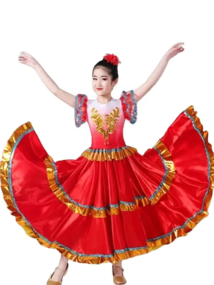 1pcs/lot children bullfight dance dress girl fahsion red flamenco perfomance dress 360 degree