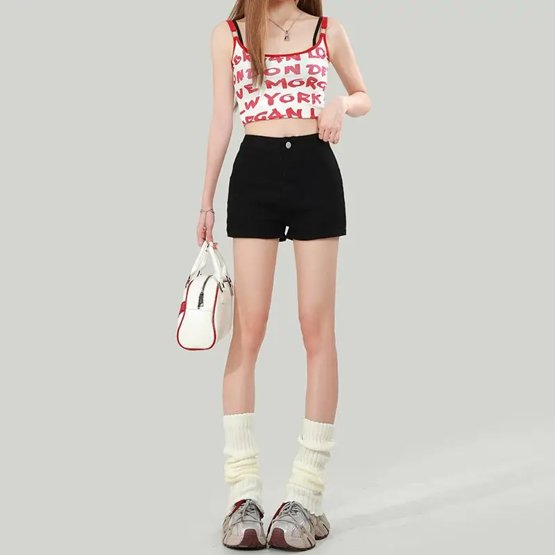 

High waisted denim shorts for women's summer new black elastic spicy girl A-line slimming sweet spicy hot pants