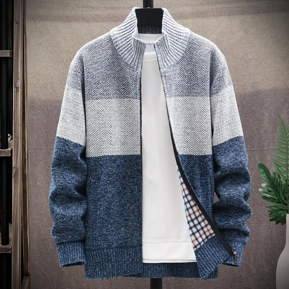 Men's Autumn/winter Sweater Coat Stand Collar Thick Plush Knit Stretch Zipper Long Sleeve Pocket Casual Jacket