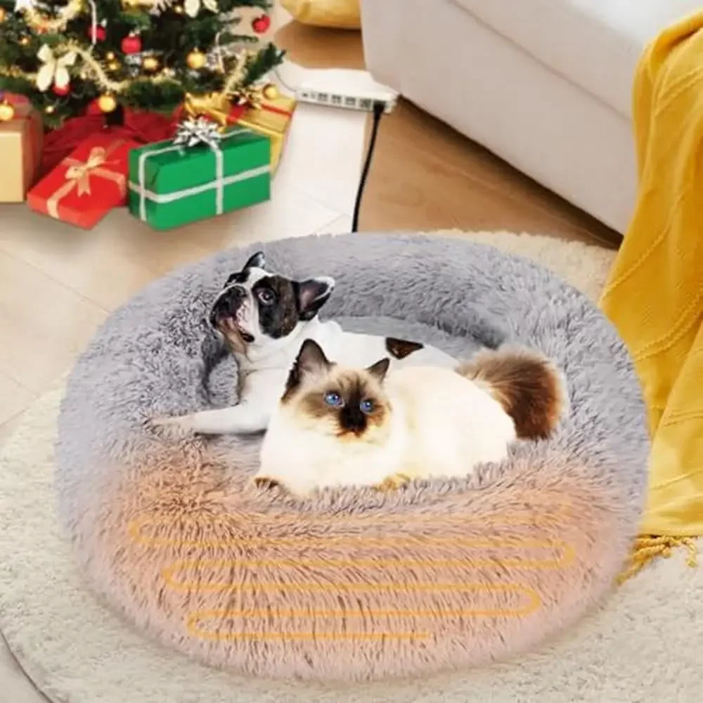 Heated Cat Bed Donut 23 Inch Fluffy Soft Plush Pet Bed with Removable Heating Pad Non-Slip Bottom Ideal Cats & Small Dogs