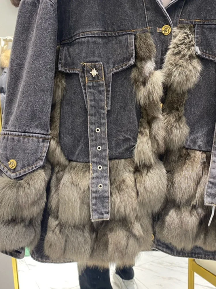 2023 Winter Fox Fur Denim Parka Fur Coat Women Fashion Chain Down Parka Female Thick Warm Genuine Fur Jacket Outerwear