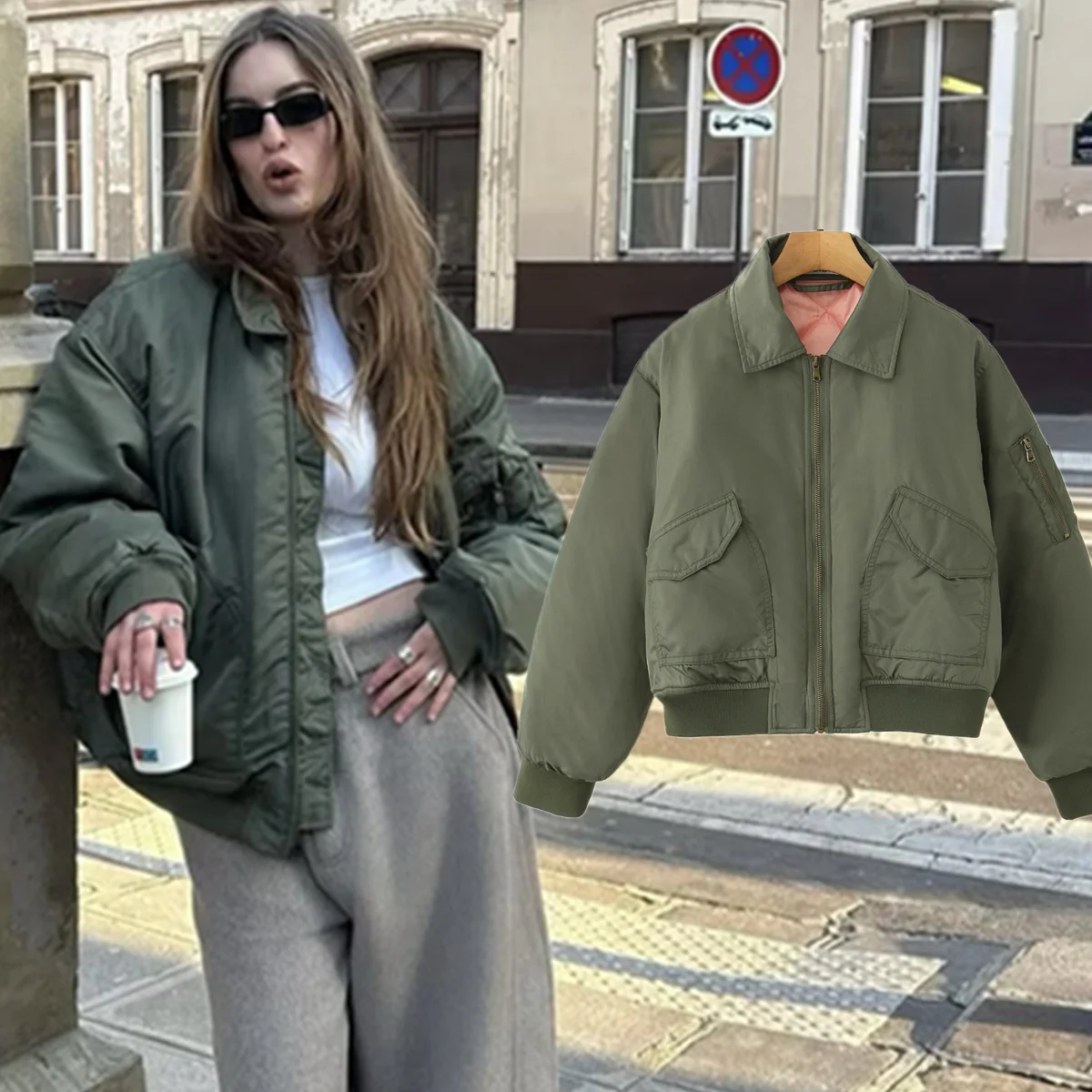 

Maxdutti Autumn/Winter Women's Jacket American Retro Pilot Jacket Army Green Large Pocket Loose Parka Coat Bomber Jacket Women
