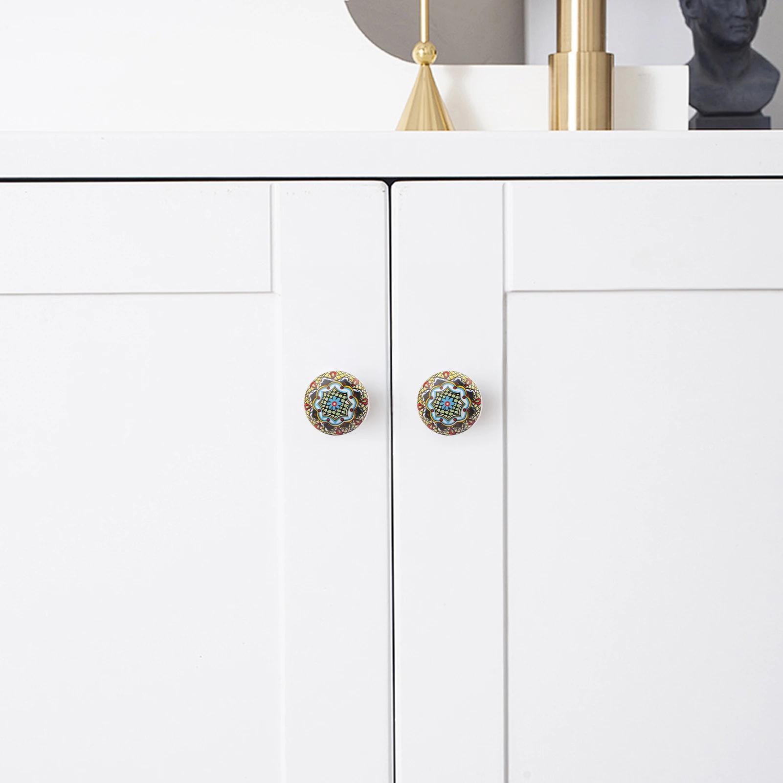 Bouton d'armoire en céramique bohème, poignée de tiroir à trou unique avec Base en métal pour meubles, boutons de porte de placard