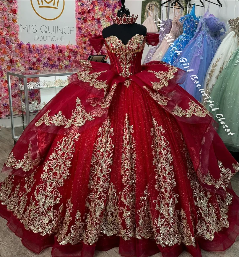 Gaun pesta ulang tahun sarung bahu kartu elegan Tutu putri merah mewah gaun payet bordir halus 15 Quinceanera