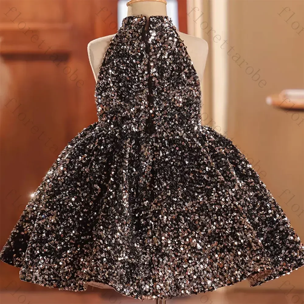 Customized Black Sequin Flower Girl Dress A Line Short Halter Neck Sleeveless Glitter 3D Flower Applique Wedding Kids Party Gown