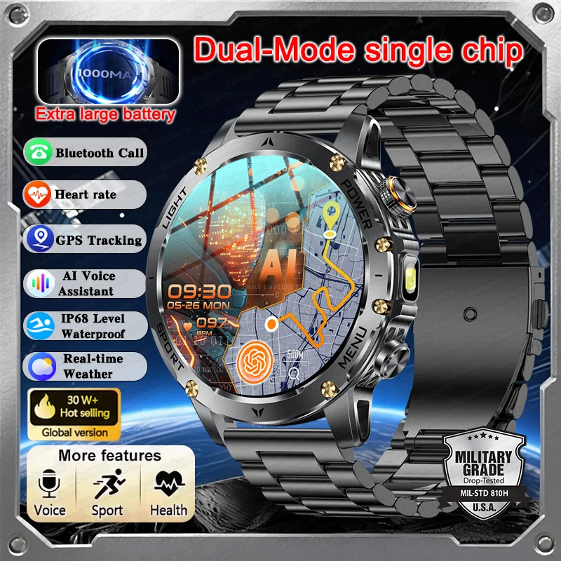 

Новинка 2025 года, уличные военные умные часы с аккумулятором 1000 мАч, мужские светодиодные фонарики, IP68, водонепроницаемые, пульсометр, спортивные, фитнес-умные часы