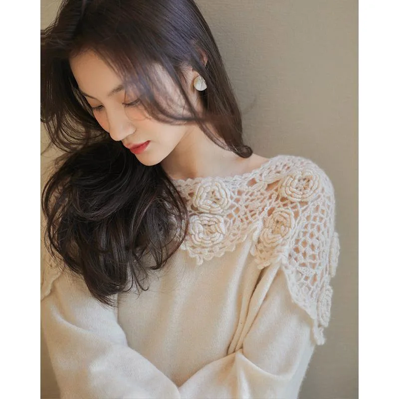 

Loose Long Sve Knitted Camere Sweater Hollow out Crochet Splicing Label Removed High Quali Women's Faion Summer