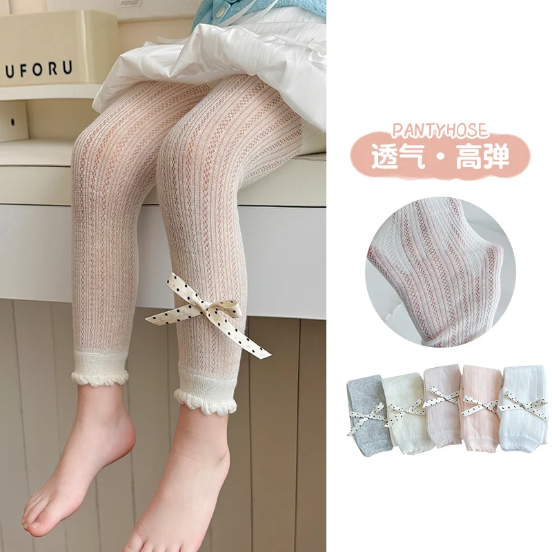 Girls Thin Bubble Hem Leggings Lovely Black Dot Bow Decor High Elastic Ventilated Cropped Pants For Cute Kids Summer Daily Wear