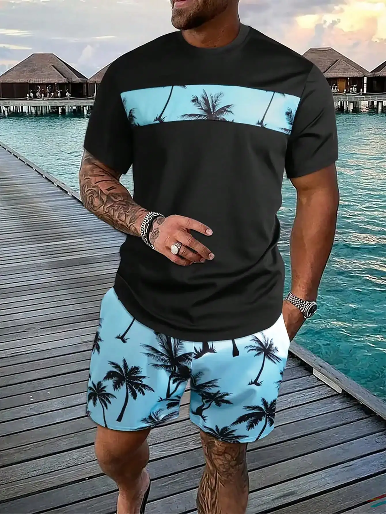 Conjunto masculino de duas cores da moda, casual e confortável, coqueiro, praia, estampa de manga curta, conjunto de shorts