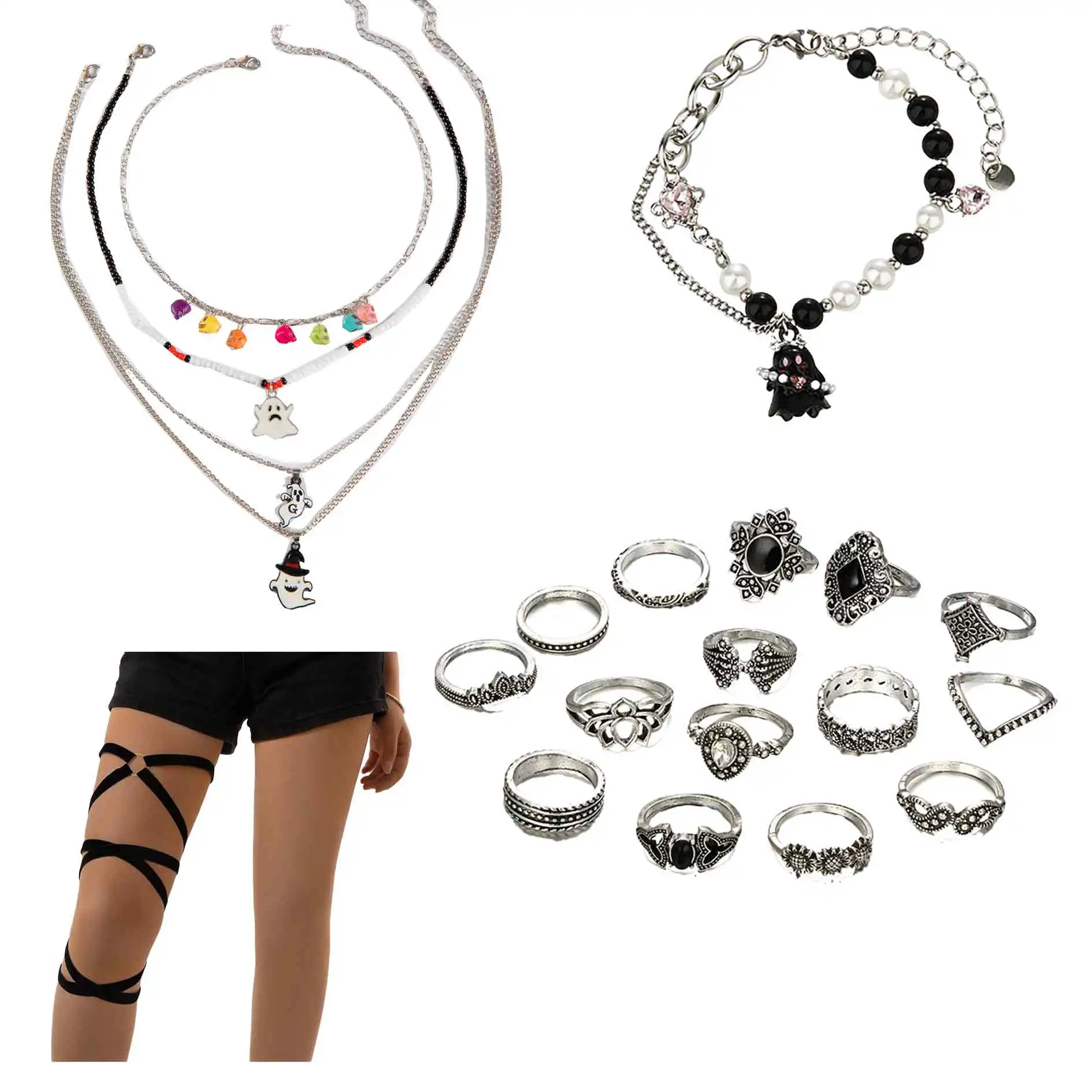 Halloween Party Themed Jewelry Set for Women Dark Gothic Necklace  Rings Set and Bracelet Black leg Bandage Thigh cross Chains