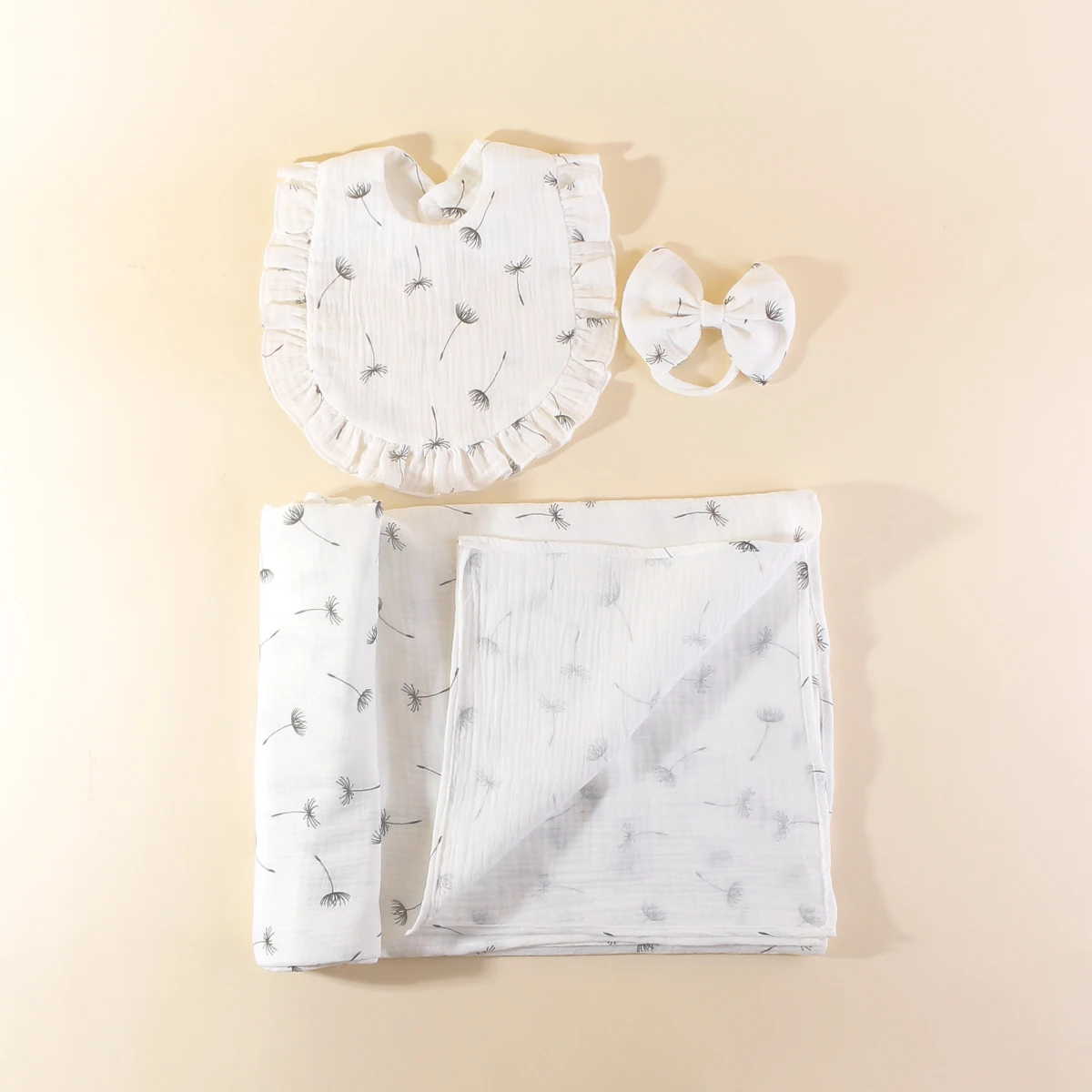 100% Cotton Muslin Newborn Baby Swaddle Blanket Set Dandelion Blanket with Bib and Headband