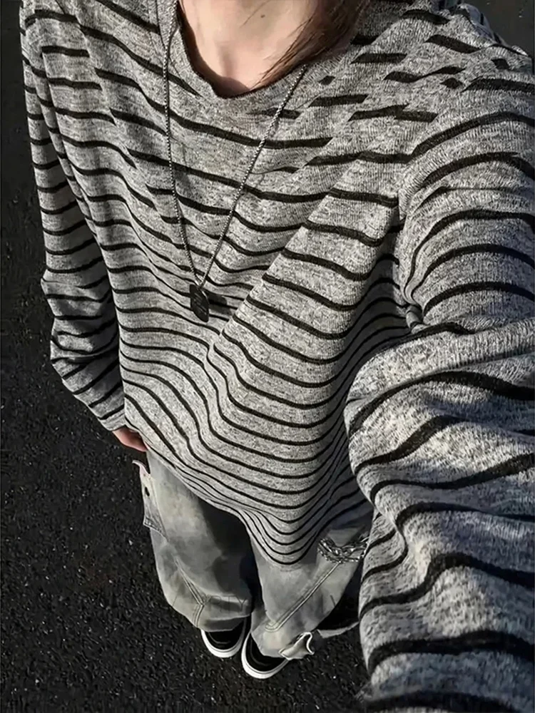 Black Stripe Long Sleeve Men's T-shirt Autumn American Retro Lazy Style Base Layer Shirt Cleanfit Inner Wear Casual Loose Fit