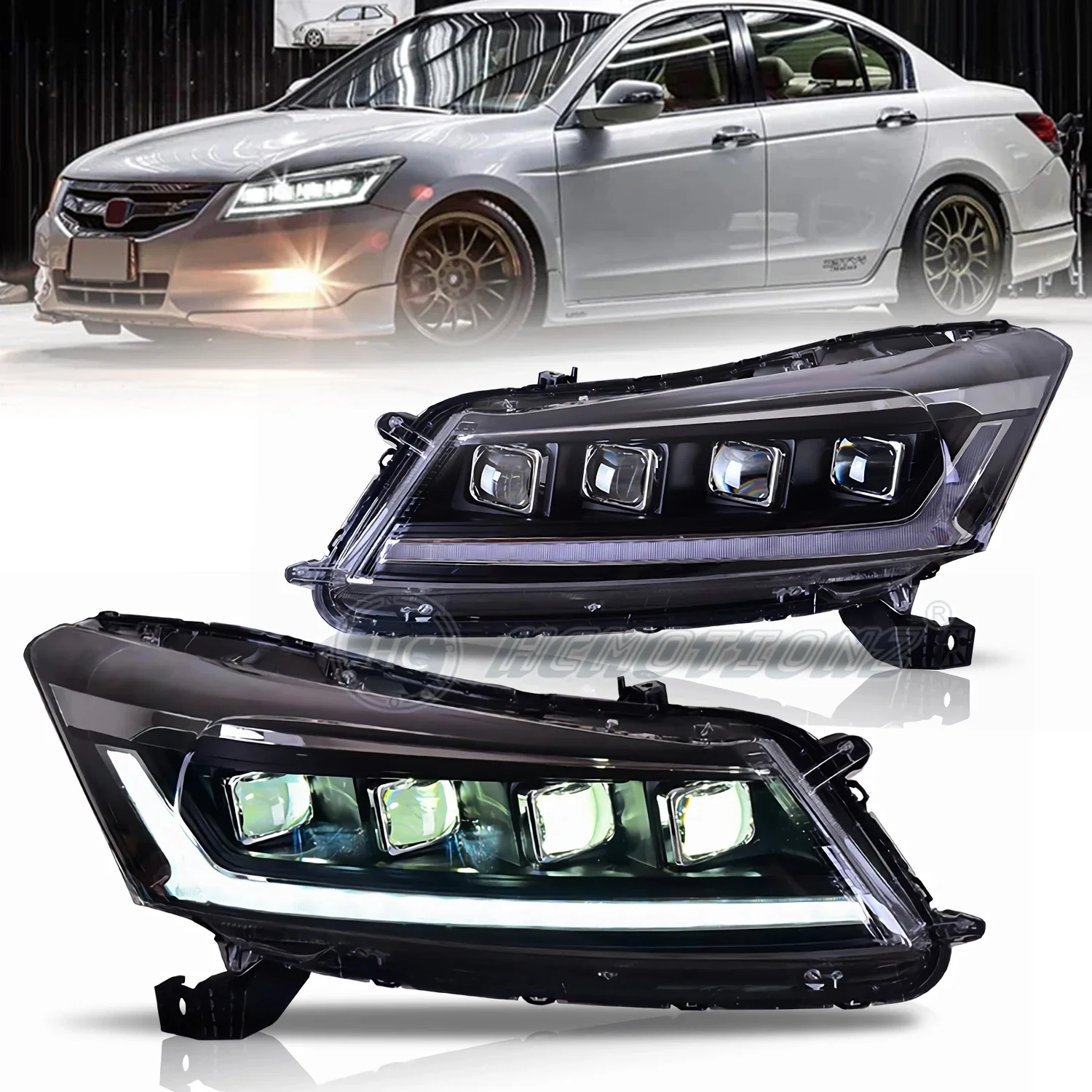 HCMOTIONZ Factory Wholesales Blue DRL HeadLamp Sedan 2008 2009 2010 2011 2012 2013 4 LED Headlights For Honda Accord