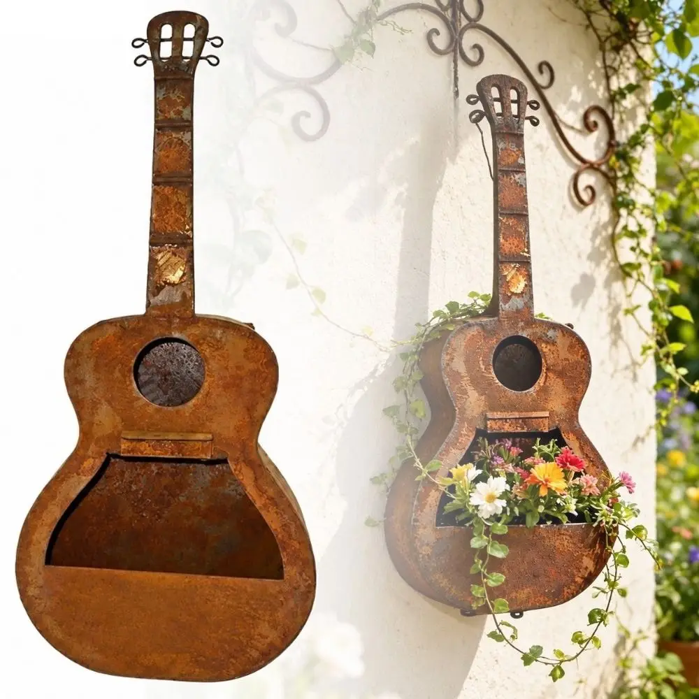 Guitar Wall-mounted Flowerpot Rusty Red Dual-use Ironart Bird's Nest Decorative Ornament Distressed Finish Wall Flower Pot