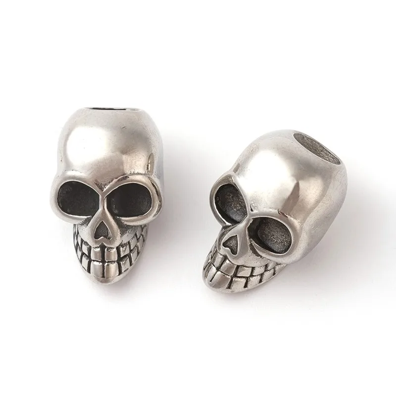 2pcs Stainless Steel Skull Beads Antique Silver Loose Beads 6.5mm Large Hole Finding Beads Halloween Decoration for Jewelry
