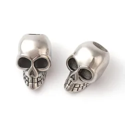 2pcs Stainless Steel Skull Beads Antique Silver Loose Beads 6.5mm Large Hole Finding Beads Halloween Decoration for Jewelry