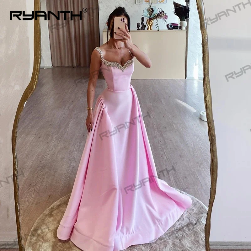 2024 Formal A-Line Prom Evening Dresses Sweetheart Beadings Satin Party Dress Women Cocktaiap Short Sleeves Sheer Invitada Guest