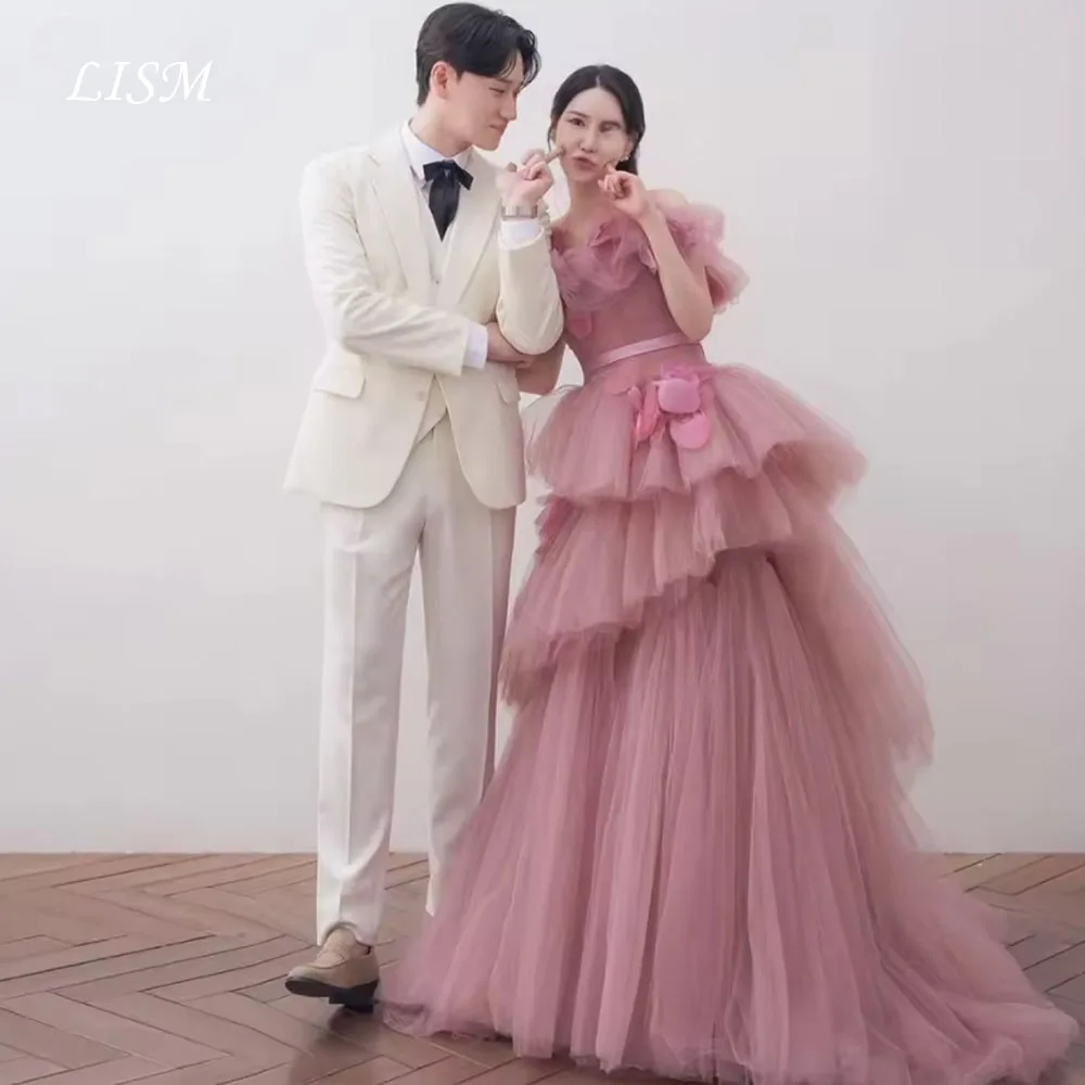 

LISM Luxury Evening Dresses Strapless Layered Tulle Prom Gown Customized Off the Shoulder Wedding Snap Dresses with Appliques