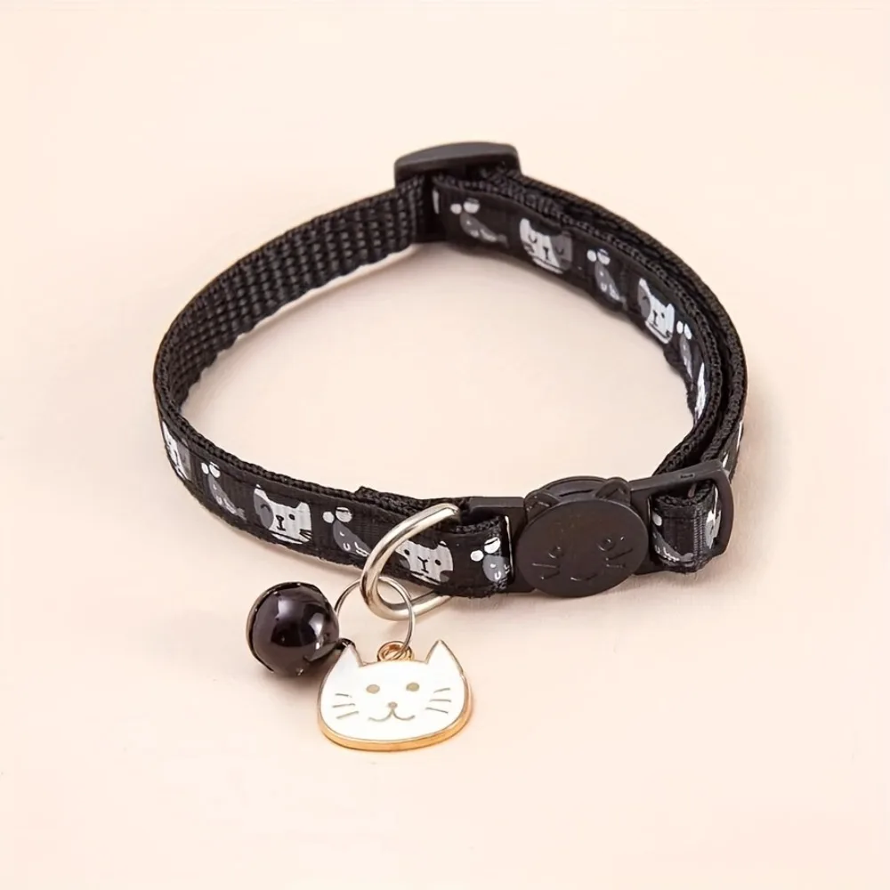 Adjustable Pet Cat Collar Quick Release Safety Buckle Anti-lost Cat Necklace Cat Pattern with Cat Face Pendant Bell