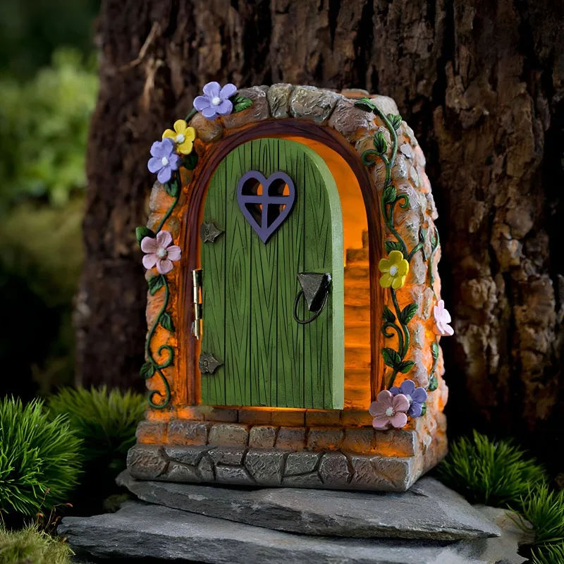 Fairy Garden Stone Door Stairs Solar Light Outdoor Garden Resin Ornament Balcony Home Decoration Night Light