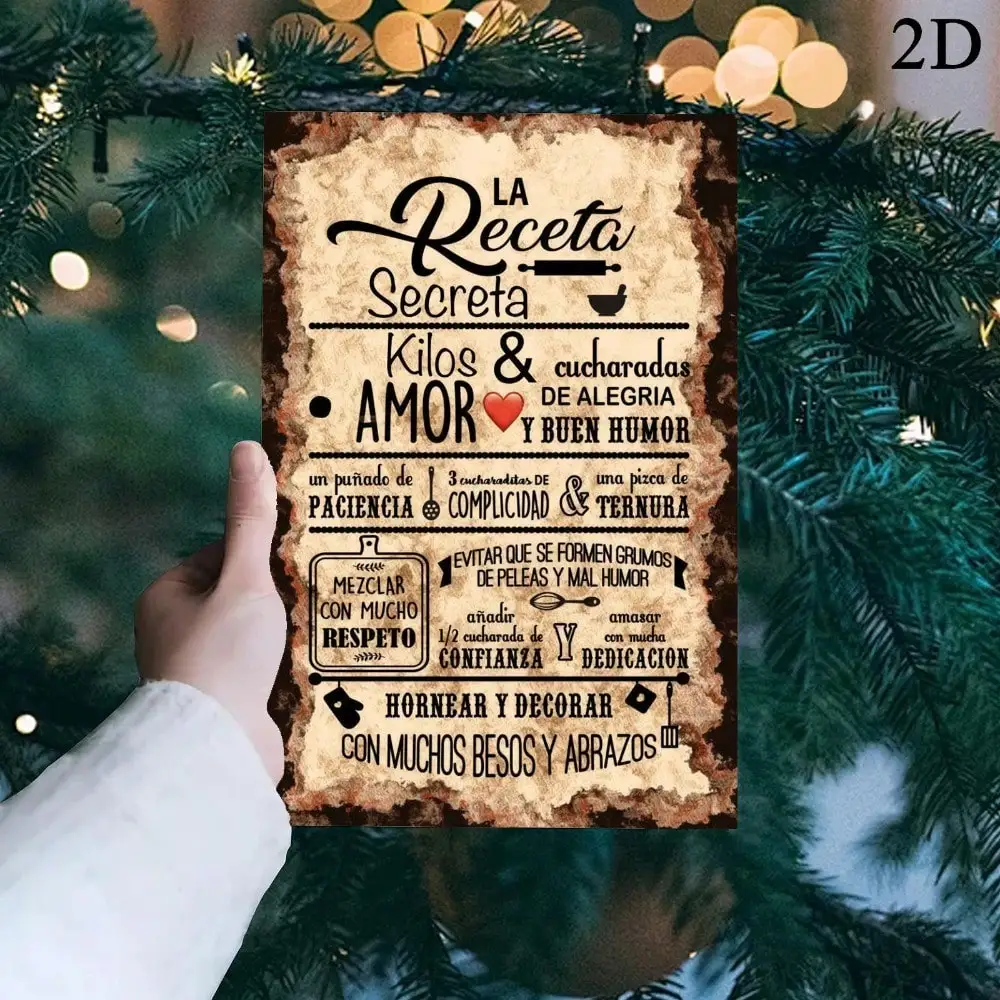 Letrero Metálico Decorativo de Pared con Receta Secreta Española, Estilo Vintage Rústico para Cocina, Hierro Resistente, Decoración para Cafetería, Hogar u Oficina