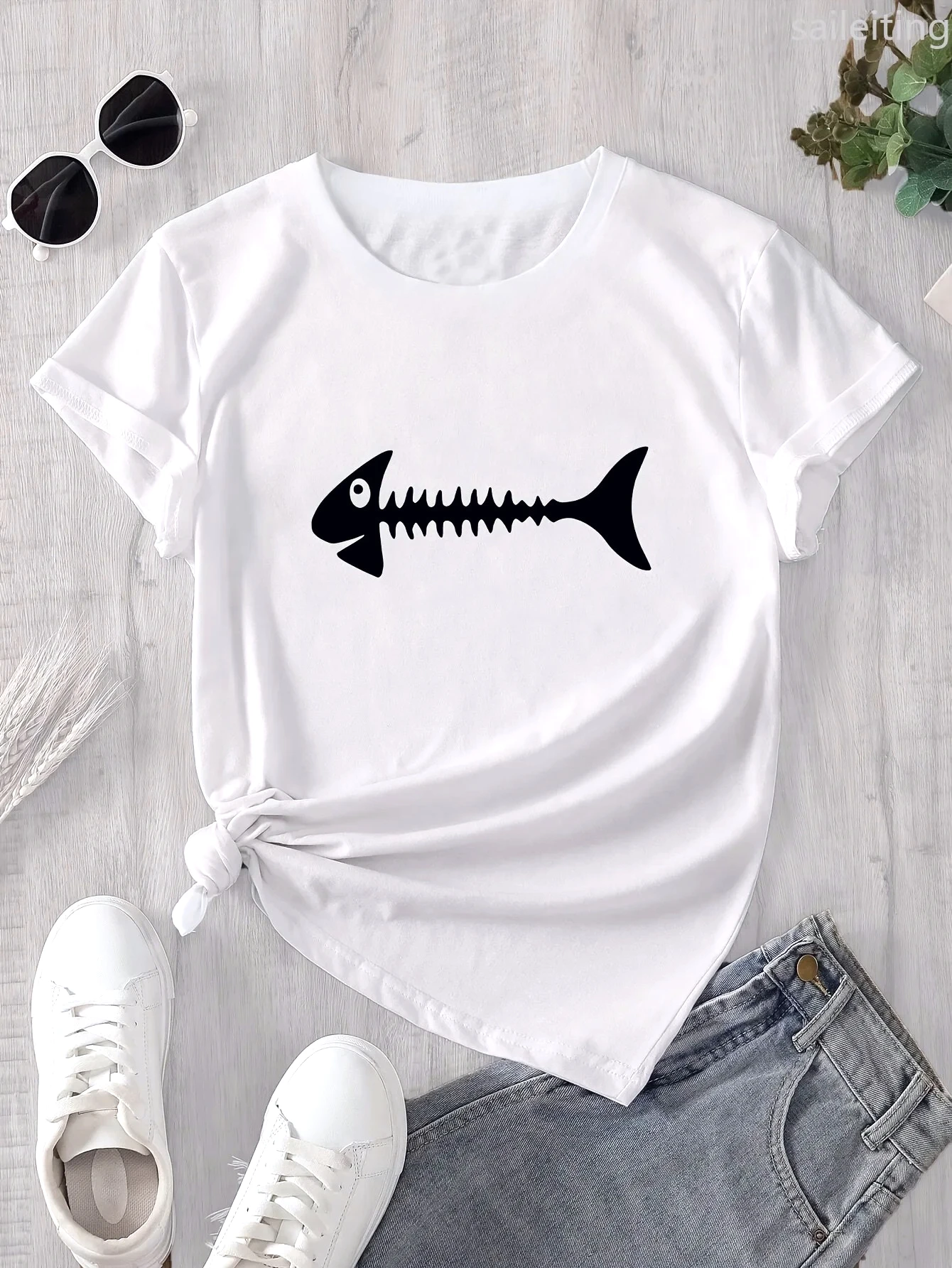 Fishbone Diagram Print T-shirt Women's Harajuku Short Sleeve Casual Women's Street Aesthetic Clearance Sales Women's Clothing