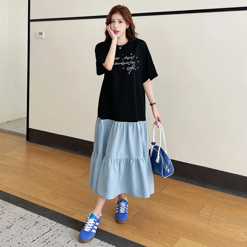 Zomer T-shirtjurk Korea-stijl dames losse grote maten onregelmatige patchwork korte mouw lange jurk gewaad elbise kleding