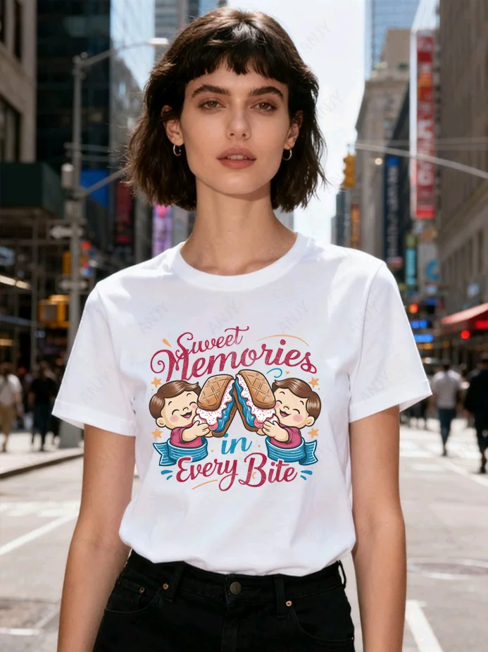 American Nostalgic Cartoon Cuisine Letter Printed Trendy Couple Cotton Short Sleeved T-shirt