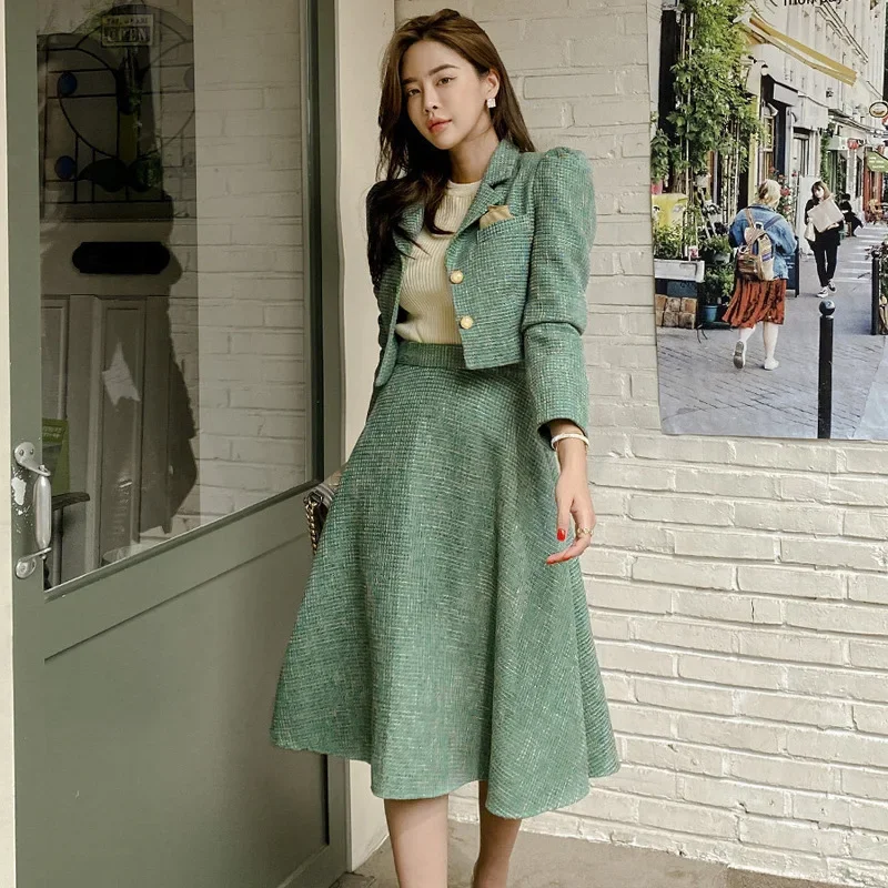 2024 new Elegant Temperament Two-Piece Set Tweed for Women Short Blazer Jacket +High Waist Swing Skirt Suits Green Korean Outfit