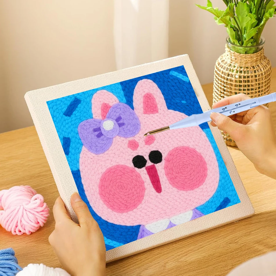 

25x25cm Punch Needle Embroidery Kit Cute Bow Animal Pattern Beginner Friendly DIY Craft Set with All Supplies for Adults & Home