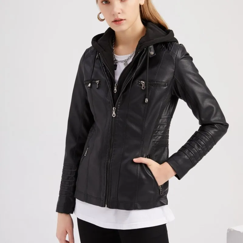 Women's Hooded Drawstring Detachable Hat Leather Jacket Spring Autumn Fashion Casual Zipper Long Sleeve Pocket Slim Street Coats 2