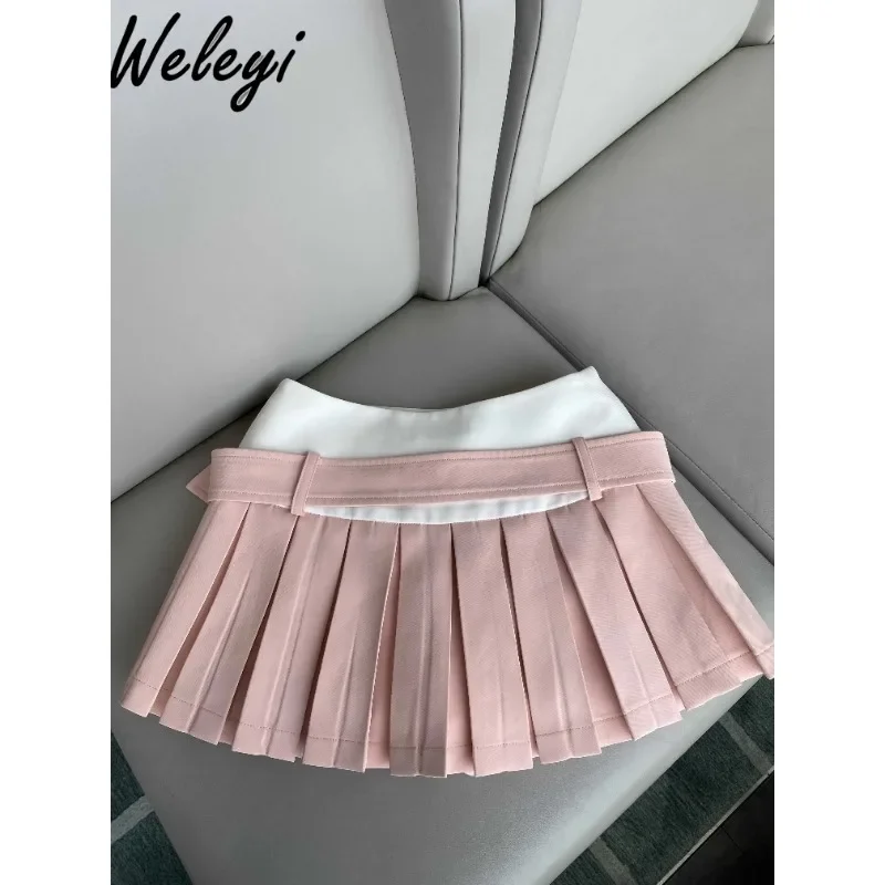 Sweet Japanese Lolita Pleated Skirt Woman 2024 Spring Summer Diamond Buckle Belt Spliced Mid Low Waist Fashion Pink Short Skirts