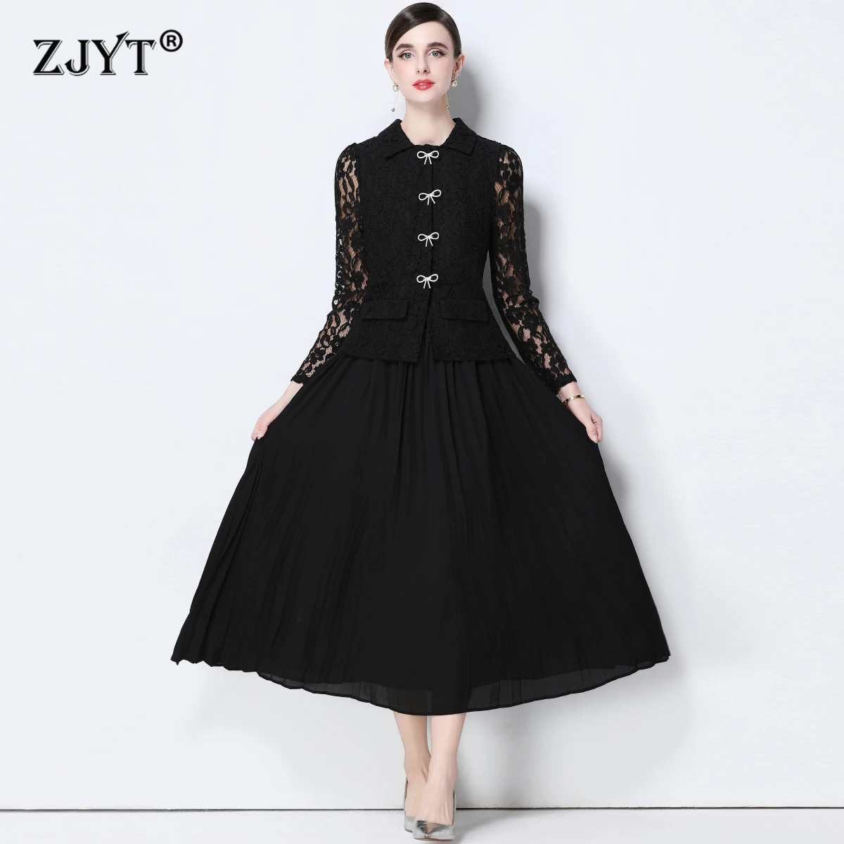 

ZJYT Элегантное весеннее длинное плиссированное кружевное платье для женщин 2026 Новая мода с отложным воротником Черный Красный Макси Вечерние повседневные платья Женские