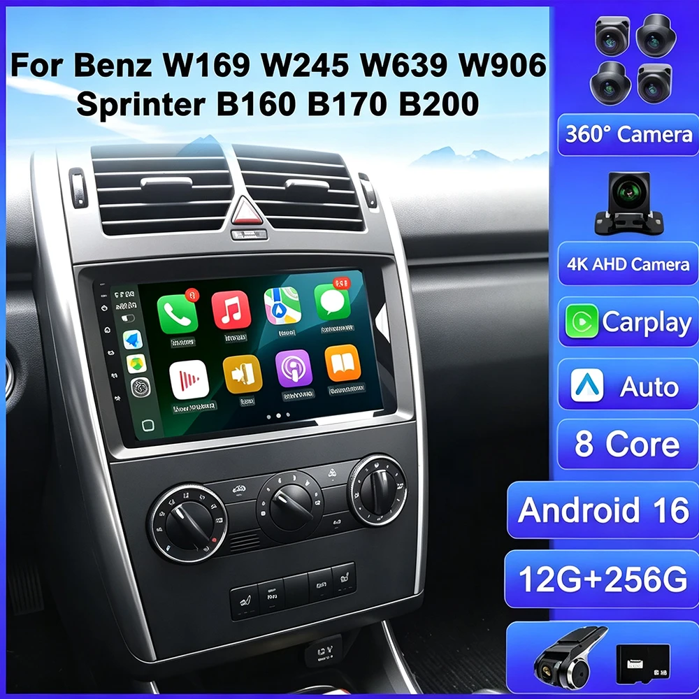 Android 16 Car Radio 4G+WIFI Carplay For Mercedes/Benz/W169 W245 W639 W906 Sprinter B160 B170 B200 TPMS DAB+ OBD2 DVD