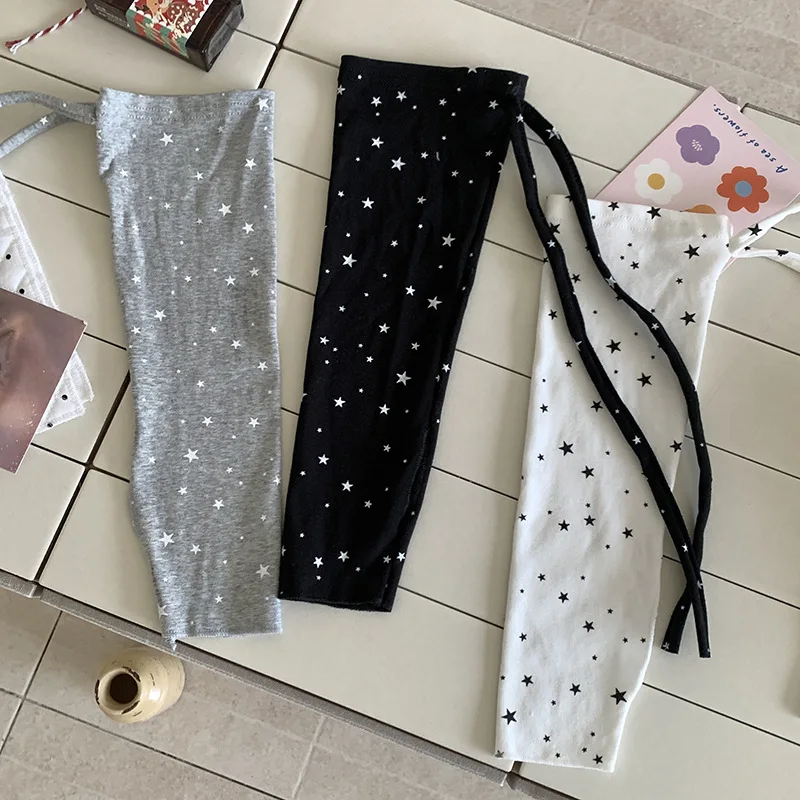 Retro-chic White Star-patterned Footless Socks for Women with Crisscross Ankle Straps and Half-coverage Design Summer