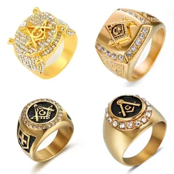 Vintage Gold Color Masonic Freemasonry Rings for Men Inlay Rhinestone Luxury Mysticism Jewelry  Punk Rock Stainless Steel Gifts