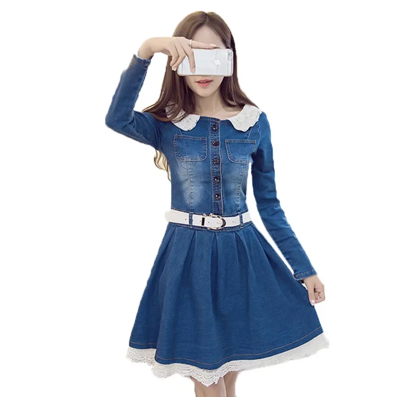 

Women Denim Dress Spring Casual Mid Waist Long Sleeve A-Line Slim Fit Base Denim Dresses With Belt