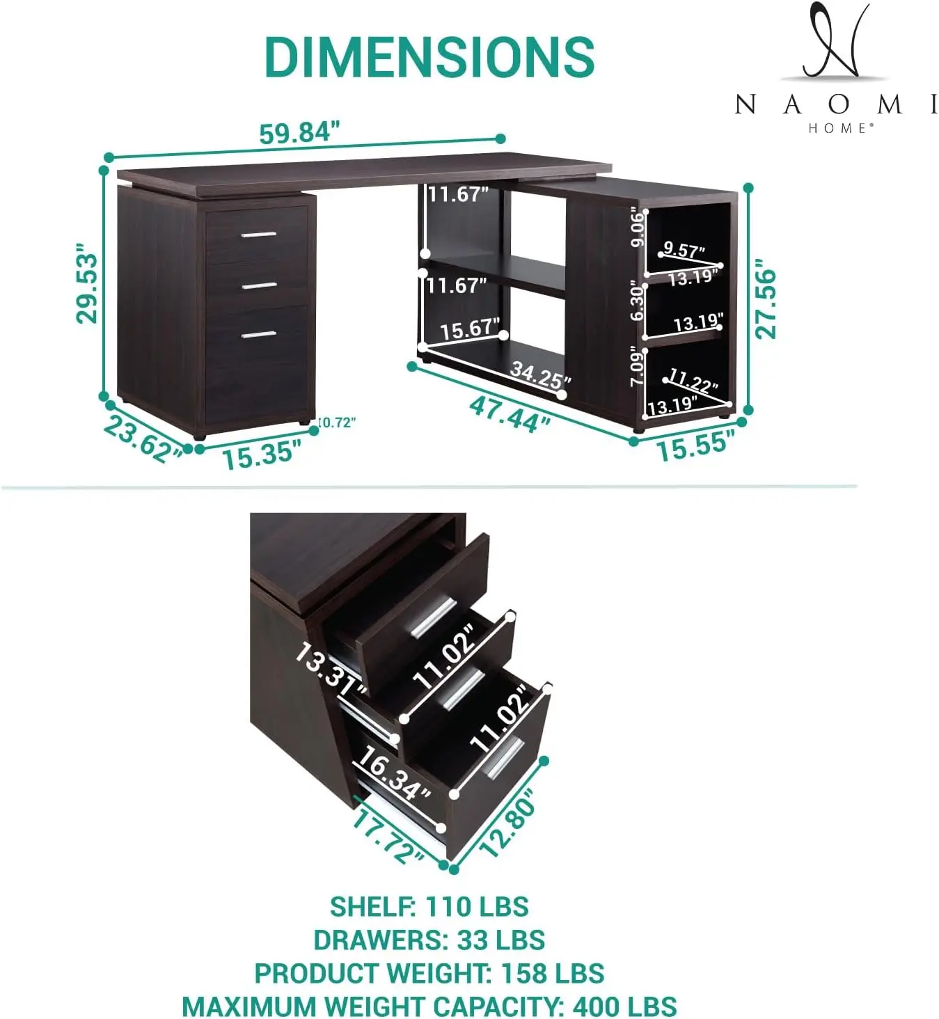 Naomi Home Ariel Executive L-vormig bureau met lades - Groot modern hoekcomputerbureau met opbergladen, planken, archief