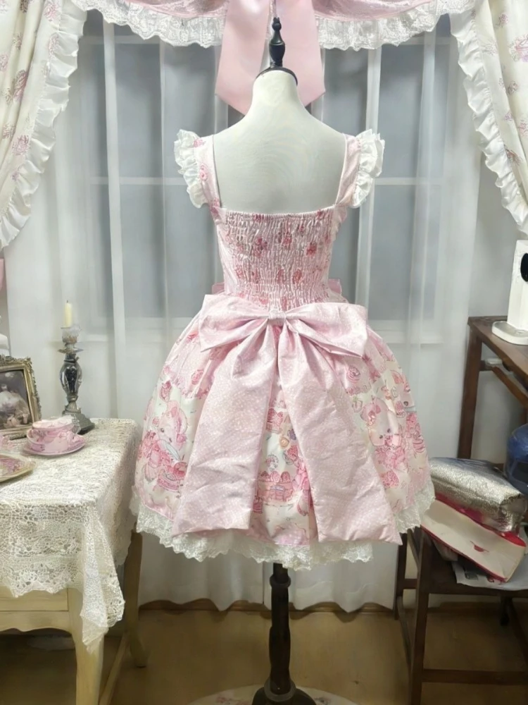 2026 Summer Sweet Japanese Cute Pink Kawaii Dress Design Lovable Pretty Lace Rabbit Print Slim Patchwork Cake Dresses Women view 4