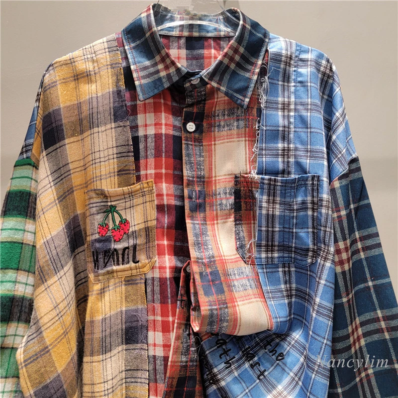 Retro Loose Casual Plaid Shirt Women\'s 2024 Autumn Splicing Contrasting Color Design Hot Girl Top Long Sleeve Street Blouse