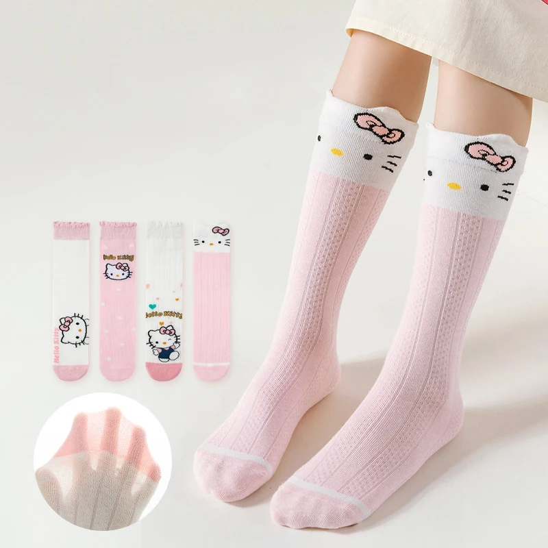 Sanrio-calcetines largos hasta la rodilla para niñas, medias de tubo medio, transpirables, finas, Hello Kitty, Kuromi, Cinnamoroll, Verano