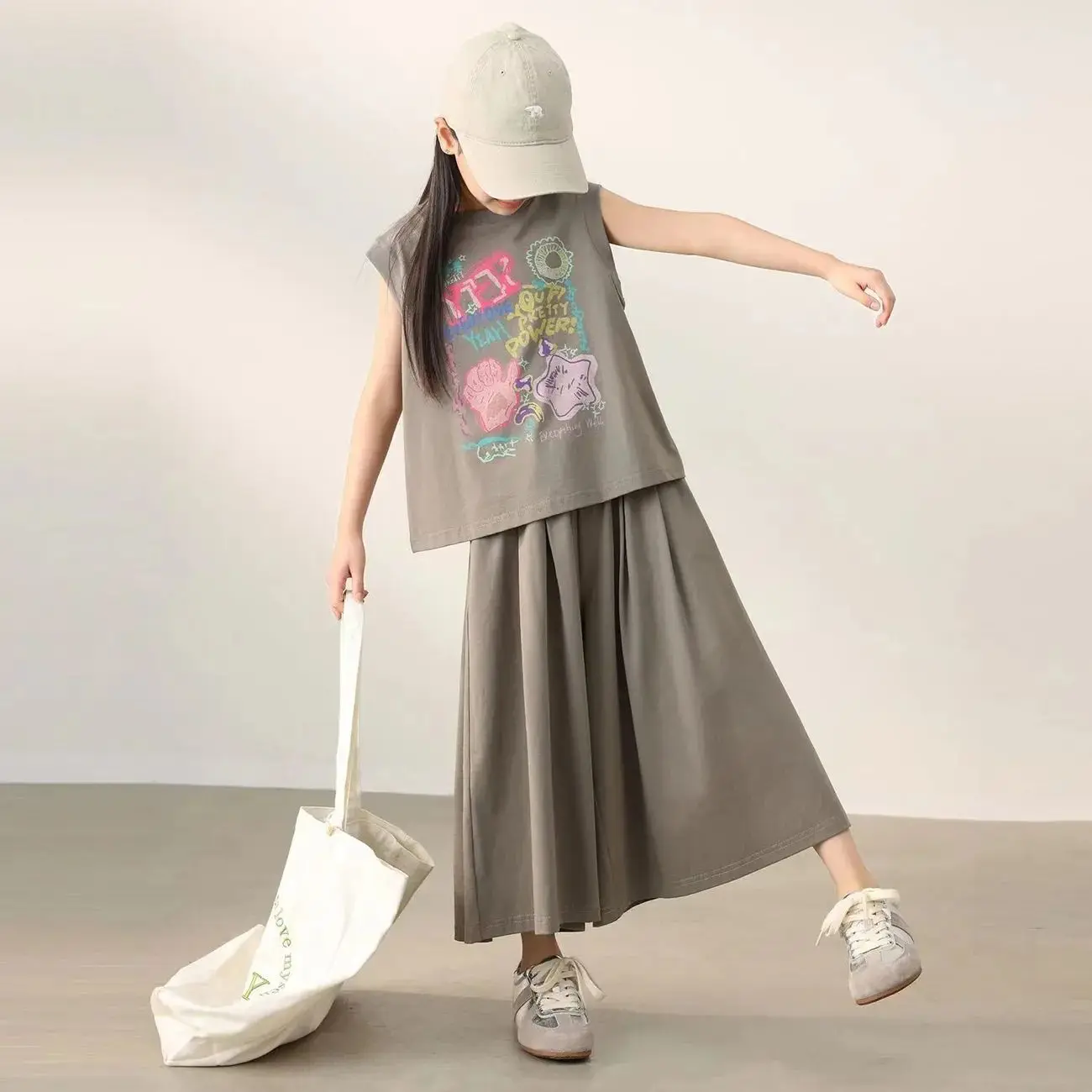 New Summer Girls Causal Print Vest & Short Sleeve+Loose Wide Leg Pants 2Pcs Oversize Outfits Sets Teenage Kids Clothes Sets