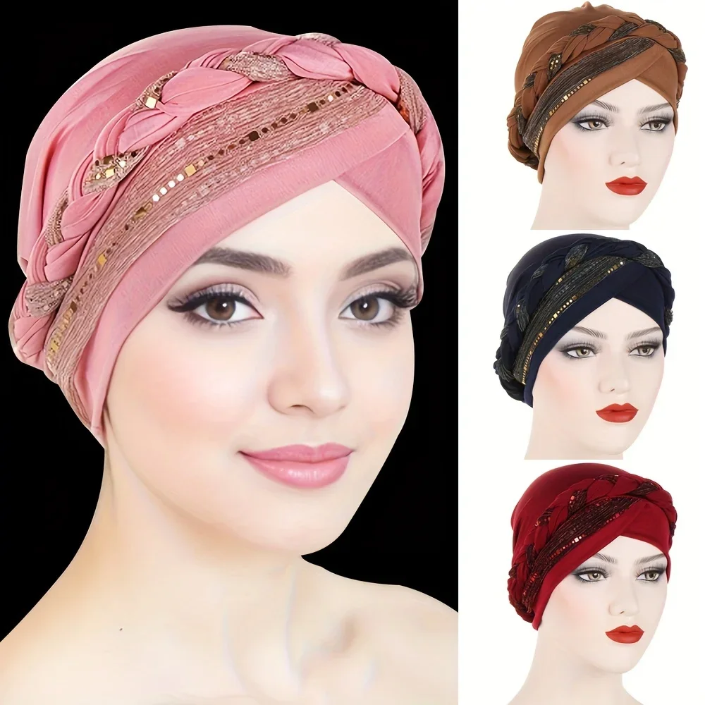 Sequin Pre-tied Turbans For Women Trendy Solid Color Head Wraps Elastic Beanies Hats Ramadan Headscarf Chemo Cap