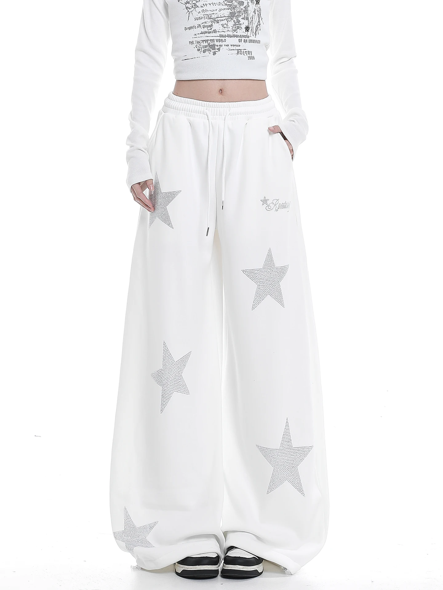 

American Retro Star Rhinestone Wide Leg Pants Women's Loose Casual Drapey Versatile Super Beautiful Fce Long Trousers
