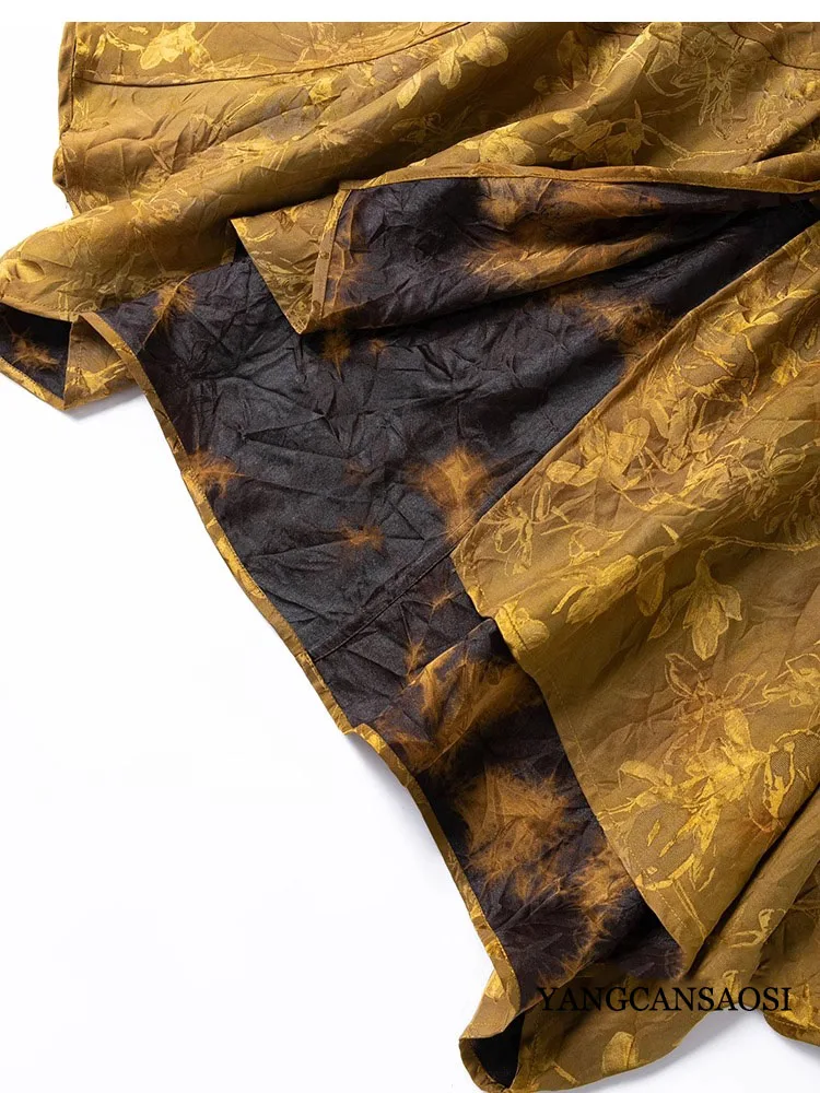 Rich Gold Grass Stained Double Sided Breathable 100% Natural Mulberry Silk Gambiered Guangdong Gauze Batwing Sleeve Loose Coat