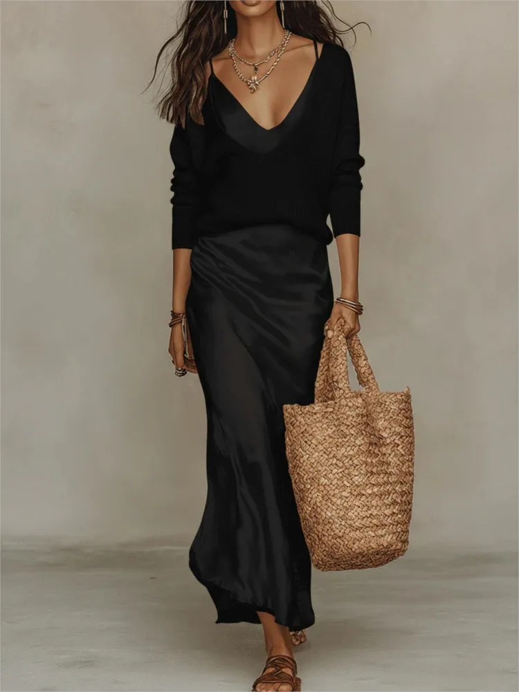 Lente Zomer Nieuwe Effen Satijnen Jurk met Bretels en Gebreide Top 2-delige Elegante Dames Slim Fit Lange Jurk Set 2026