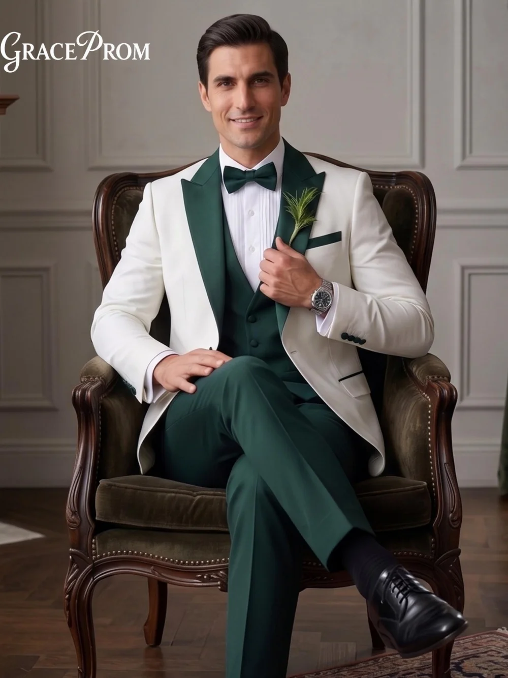 Elegant White Dark Green Contrast Lapel Men Tuxedo Suit 3PCS 2027 Stylish Slim Fit Wedding Groom Blazer Vest Pants Formal Outfit