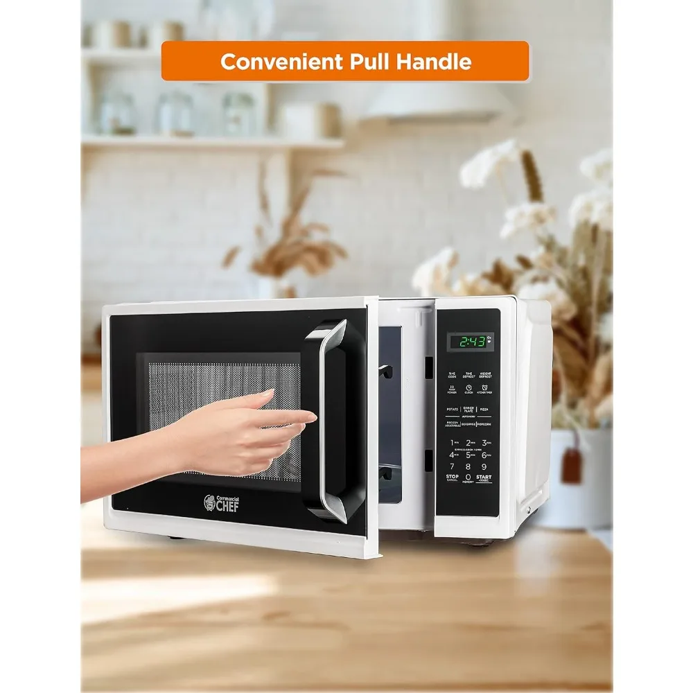 Micro-ondas pequeno com alça de aperto, 0,9 pés cúbicos, display digital 900W, fechadura e temporizador de cozinha, branco