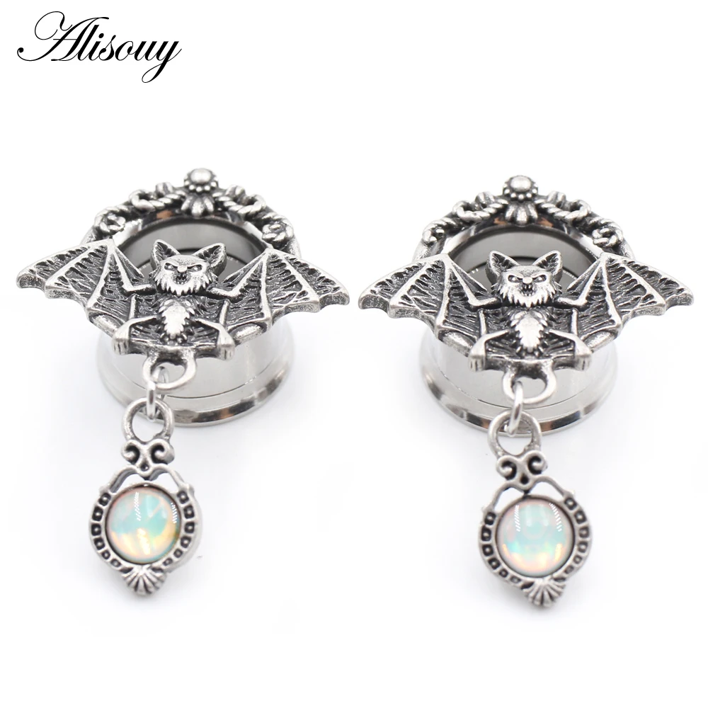 Alisouy 2PCS Stainless Steel Bat Round Opal Pendant Ear Tunnels Plugs Expander Stretcher Gauge Earrings Piercing Body Jewelry